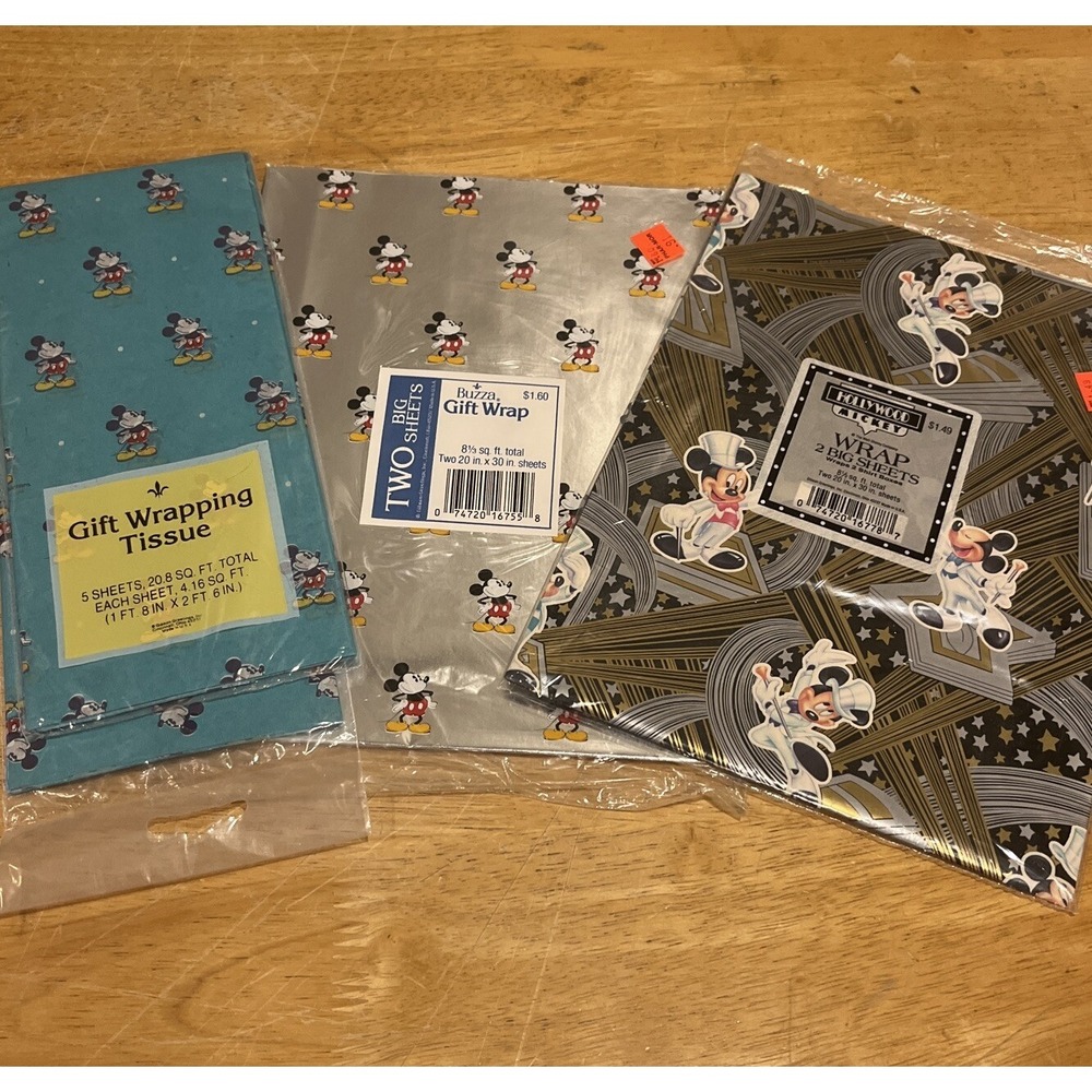 Vtg Disney Mickey Mouse Gift Wrap Sheet Hollywood Silver Blue Tissue Set 3pk‎